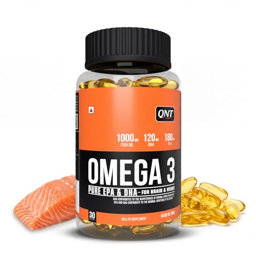 Image of QNT Omega 3 Capsules 1000mg | Nordic Island Fish Oil with 180mg EPA & 120mg DHA | Supports Heart, Brain, Skin & Bone Health | 60 Softgels