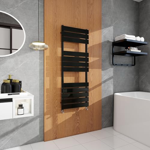 Image of simple bathrooms Modern Flat Panel Heated Towel Rail Radiator,Wall Mounted Central Heating Ladder Rad 1200X450mm Black