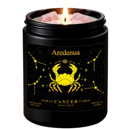 Image of Cancer Zodiac Candles with Pink Opal Crystals, Cashmere Lavender | Astrology Cancer Birthday Gifts for Women Men, Black Gift Box, 7 oz Soy Candle, 50 Hour Burn Time, Black Jar