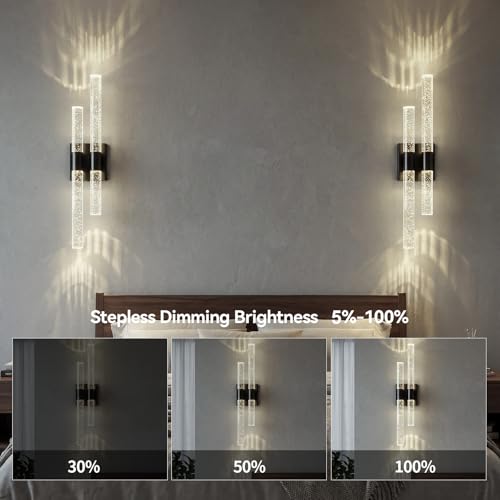 Image of Crystal Wall Sconces Set of Two Black Wall Sconce Hardwired LED Bathroom Vanity Light Fixtures 21.25in 4000K Vertical and Horizontal Wall Mounted Sconces for Bedroom, Living Room, Hallway