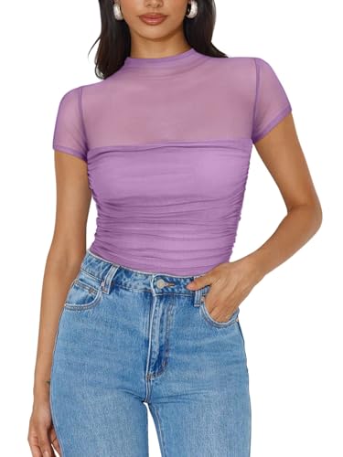 Image of REORIA Women's Sexy Mock Turtle Neck Short Sleeve Shirts Sheer Mesh Ruched Trendy Going Out Bodysuits Tops