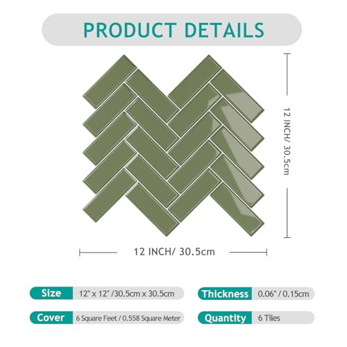 VEELIKE Olive Green Peel and Stick Tile Backsplash Herringbone Peel and Stick Backsplash for Kitchen Bathroom Walls 6 Sheets Green Peel and Stick Tile Waterproof Stick on Backsplash Tiles 12''x12'' by VEELIKE - Image 9