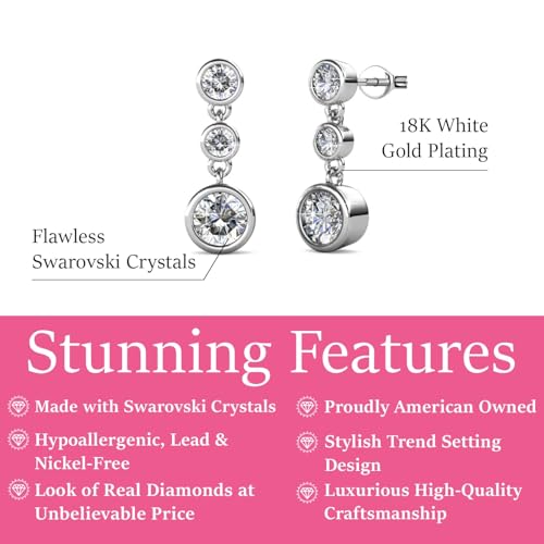 Cate & Chloe Bailey 18k White Gold-Plated Dangle Earrings with Three Round Cut Simualted Diamond Crystals, Elegant Jewelry for Women, Giftable Accessory for Her on Christmas, Birthday, Anniversary — view 2