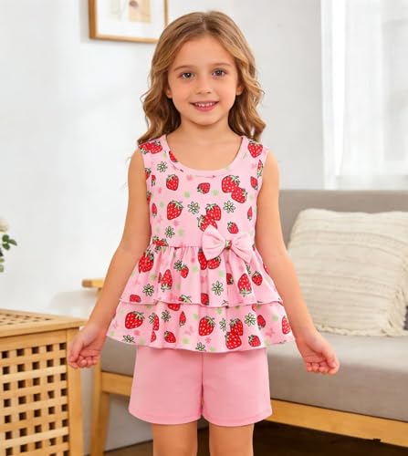 Image of Girls 2 Piece Outfit Summer Short Set Sleeveless Bow Knot Tank Top and Shorts Cute Clothes for Toddler Girls