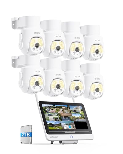 ZOSI 5MP Kit Caméra de Surveillance WiFi avec NVR 8CH 2TB Moniteur 12inches, Pan & Tilt Vue à 360°, Détection et Suivi de Personne, Vision Nocturne...