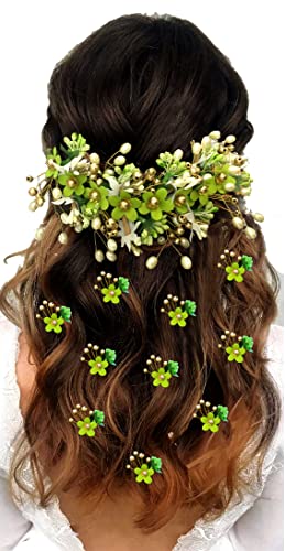 Hair Flare Floral Hair Vein and Hair Pin Set/Bridal Hair Accessories/Hairpin/Side Judapin/Combo Set - 2205/2206, Light Green