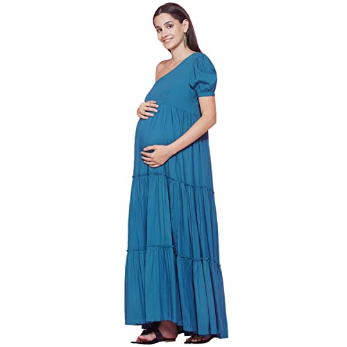 Image of Mine4Nine Women's Maternity Solid Teal Blue Color Maxi Baby Shower Dress