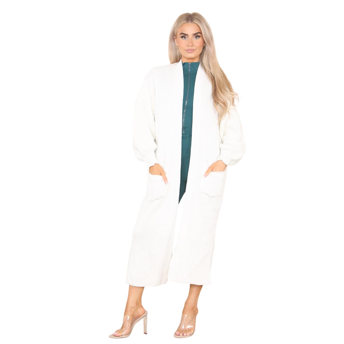celebmodelook Womens Balloon Sleeve Cardigan Ladies Chunky Knitted Open Front Winter Oversized Long Maxi Cardigan Cream