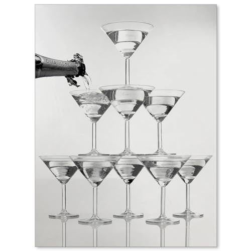 CITXJUM Toile murale vintage à cocktails noir et blanc, tour à champagne, flûtes à champagne, bar, chariot – Décoration murale pour salle à manger, bar, bar – 30,5 x 40,6 cm – Sans cadre