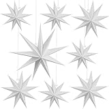 Cotiny 8 Pieces 3D Paper Stars Christmas White Hanging Paper Star Lanterns Ornaments for Weddings Christmas Birthday Party Lampshade, 3 Size