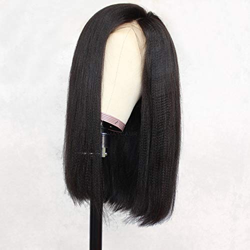 Maycaur Lace Front Wigs Yaki Straight Hair Wigs Synthetic Heat Resistant Short Bob Wigs with Baby Hair for Black Women 16 Inch
