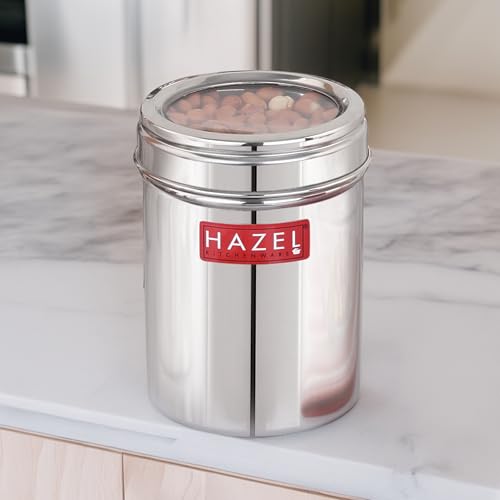 Image of HAZEL Stainless Steel Kitchen Container with Transparent Lid | Top See Through Kitchen Container Set with Matt Finish | Multipurpose Container for Kitchen Storage, 900 ML