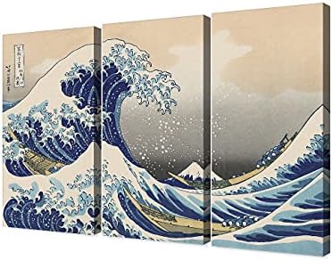 DECORARTS - The Great Wave off Kanagawa(Triptych), Katsushika Hoki. Classic Art Reproduction, Giclee Print On Canvas. Stretched canvas. 36x24
