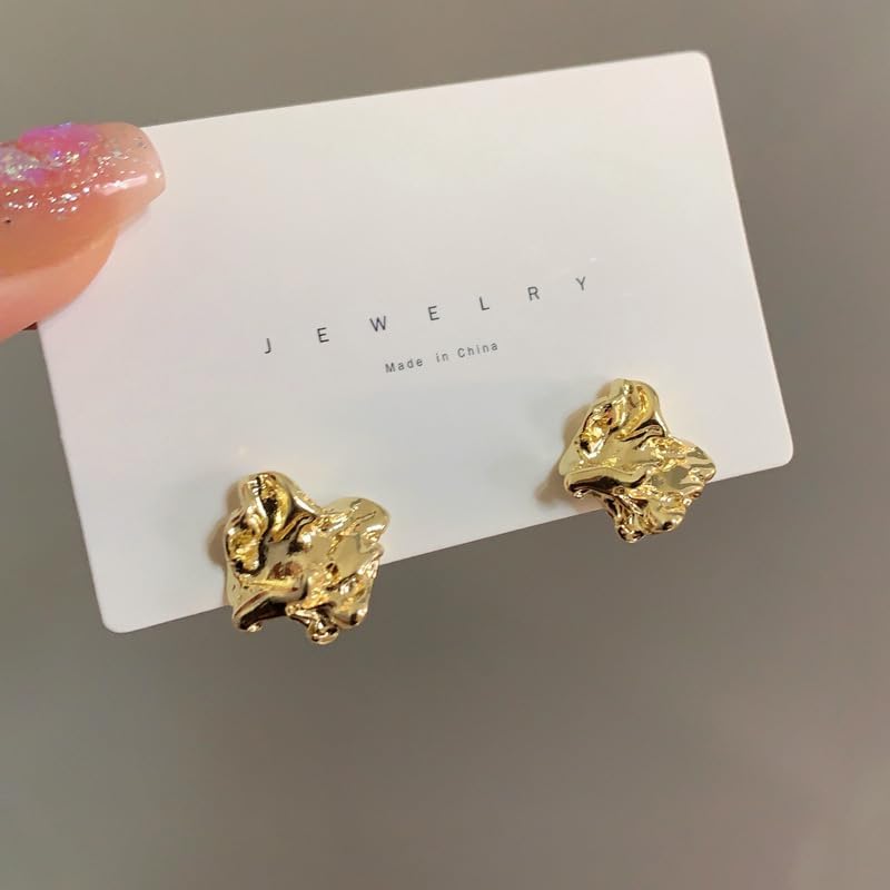 Geometric Rectangle Gold Stud Earrings for Women Irregular Dainty Thick Stud Hammered Chunky Statement Square Earrings Jewelry Gift - Image 2
