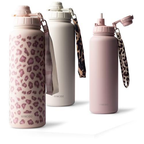 MAMEIDO Thermosflasche mit Strohhalm 1,2 l, auslaufsichere Trinkflasche Edelstahl isoliert, Wasserflasche BPA-frei mit Trageschlaufe, Water Bottle Sport (Dusty Glam)