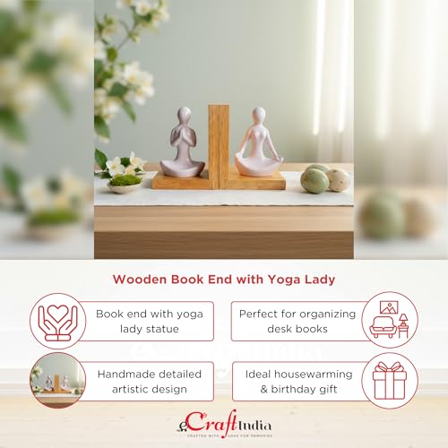 Image of eCraftIndia Wooden Book End and Yoga Lady Statues Decorative Showpiece for Home Decor in Living Room Office