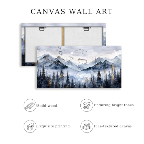 SERIMINO Mountain Landscape Large Wall Art, Misty Forest Canvas Prints, Blue Gold Watercolor Pine Tree Paintings Wall Decor Living Room Bedroom, Natural Scenery Office Decor Pictures 20"X40"