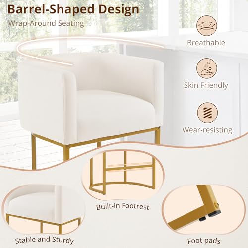 Image of LUE BONA Counter Height Bar Stools Set of 2, Modern Barrel Counter Stools with Backrest and Arms, Gold Metal Frames, Linen Fabric Upholstered Accent Barstools for Kitchen Island, Beige