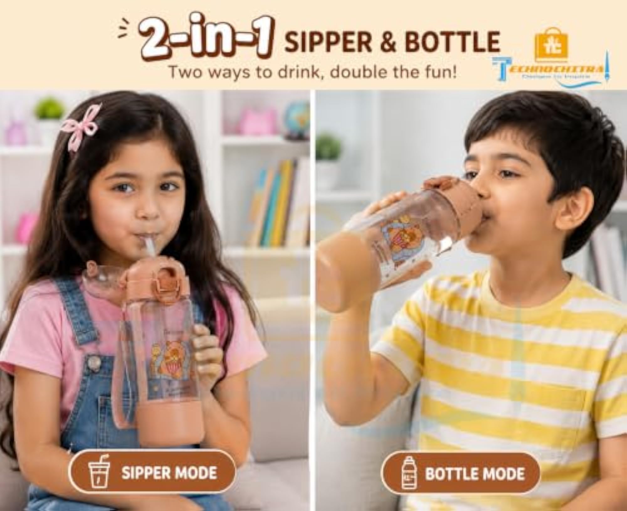 Capybara Water Bottle & 580 ML 2-in-1 Sipper with Straw