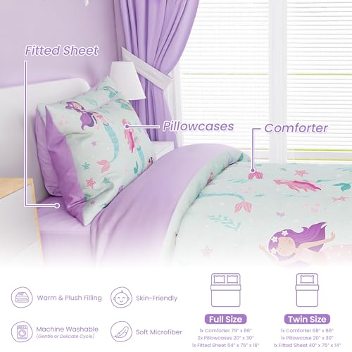 Image of SANDJEST Mermaid Comforter Set Full Size 98x86in for Kids Girls, Microfiber 4 Pcs Bedding Set Includes 1 Comforter, 2 Pillowcases, 1 Fitted Sheet, Nursery Room Decor