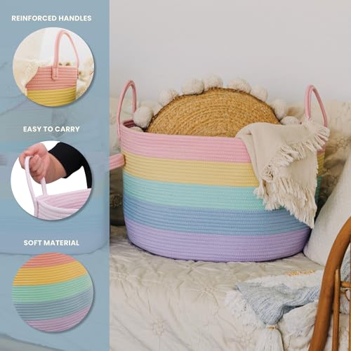 Image of OrganiHaus Rainbow Toy Basket & Blanket Storage Bin, Nursery 20x13 inch | Rainbow Pastel - Round Rainbow Cotton Rope Basket, Nursery 20x13 inch