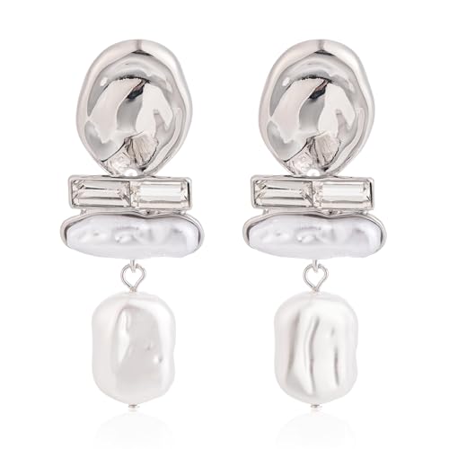 DONABUS Statement Pearl Dangle Earrings large Pearls Vacation Earrings with Crystal Party Jewelry Gift for Women (Silver tone)