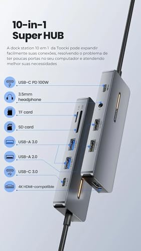 Hub USB-C Toocki 10 em 1 com HDMI 4K, PD 100W, USB 3.0, SD/TF, Áudio 3.5mm – Dockstation Multifuncio