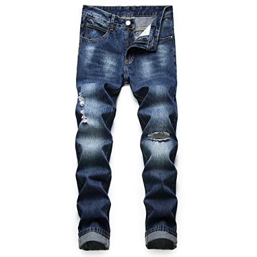 Zeesen Men's Jeans Ripped Regular Fit Straight Leg Distressed Destroyed Denim Pants （Bl1327-42） #TOP2