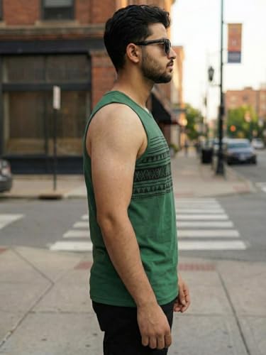 Image of Rigo Men Cotton Printed Vest | Round Neck, Regular Fit Bottle Green