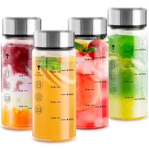 Yirilan Juice Bottles 4 Pack 12 oz,Reusable Glass Bottles with Lids,Stainless Steel Lids Water Bottle for Juicing, Smoothies, Water, Leakproof, BPA Free