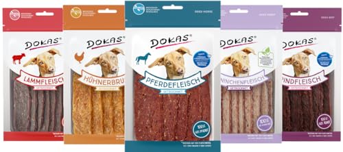 arelf Bundle Dokas Premium-Mix Hundesnack | je 1x Pferd Rind Huhn Kaninchen Lamm | Schonend getrocknet & ohne Zusatzstoffe | Getreidefrei hoher Fleischanteil + Alpha Spirit Snack gratis dazu