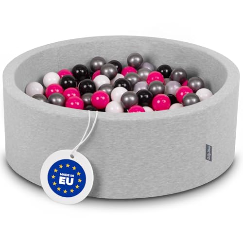 KiddyMoon Piscine À Balles pour Bébé Rond 90X30cm/200 Balles 7Cm Fosses À Boules Jouet Enfant, Gris Clair:Blanc/Noir/Argenté/Rose Foncé