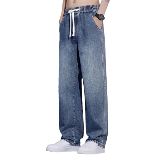 Men's Fashion Wide-Leg Baggy Jeans Vintage High Waist Straight Washed Denim with Pockets