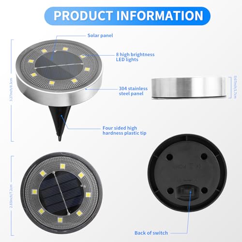 Jsdoin 6PCS Solar Floor Lights Outdoor, 8 LED Lights Waterproof Outdoor Light, IP68 Garden Light Stainless Steel Solar Lamp for Walkway, Terrace, Outdoor, Lawn, Entrance (White) - Image 4