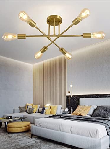 Mid Century Ceiling Light Fixture,Adjustable 6-Light Sputnik Chandelier,Semi-Flush Mount Pendant Lighting,Industrial Vintage Lighting Fixtures Plating Finish for Kitchen Dining Room Bedroom Foyer…