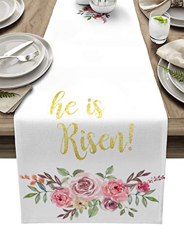 Camino de mesa de Pascua con flores rosadas, plantas de jardín, flores, algodón, lino, arpillera, mantel, bufanda de tocador, para fiestas navideñas, cena familiar, cocina, comedor, 13 x 36 pulgadas Cover