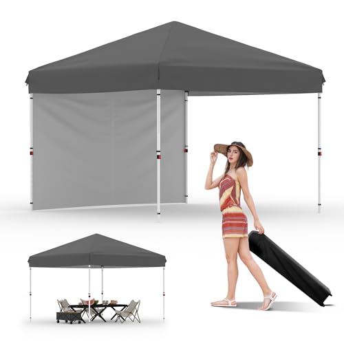 Pop Up Canopy with 1 Sidewalls - Easy Up Camping Tent with One Button Push Setup - 1 Roller Bag, 3 Adjustable Height, 4 Weight Bags for Deck, Garden, Sports, Beach, Party - Grey