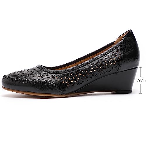 Image of Mona flying Women's Leather Closed Toe Mid Heel Wedges Comfy Dress Pumps