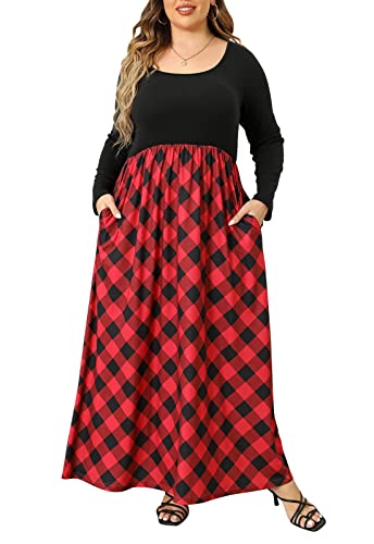 Image of Nemidor Women Plus Size Casual Maxi Dress Long Fall Pockets | Size 14-26 plus, elastic waist, long sleeve, round neck, loose, boho, curvy, winter, wedding, daily, vacation, work, holiday