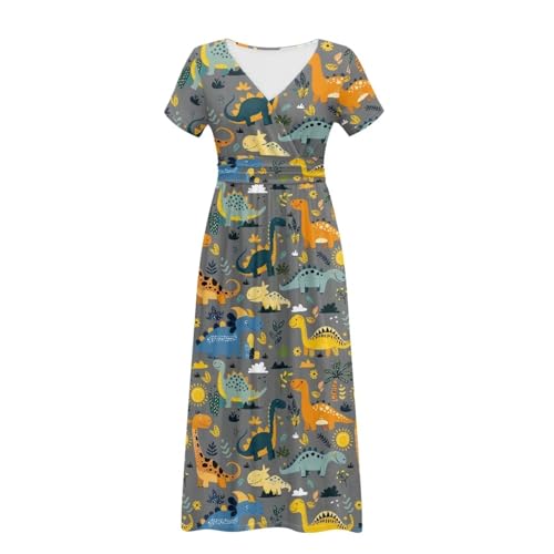 Image of Women's Fall Summer Short Sleeve Ankle Length V-Neck Party Dress with Pockets Size S-3XL