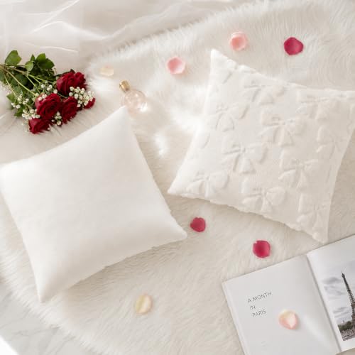 Image of decorUhome Cream White Bow Pillow Covers Set of 2 Coquette Aesthetic Cute Preppy Plush Faux Pillowcases for Girly Bedroom or Couch 20x20 Inch
