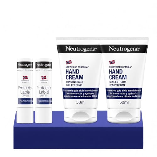 Neutrogena Pack de Crema Manos 400 ml 2 uds + Cacao SPF 20 4,8 g 2 uds | Kit Hidratante, Crema Concentrada, con Perfume, Bálsamo Labial Protector, Para Piel y Labios Secos, Cuidado Completo