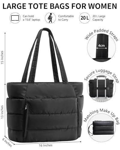 Image of Bagstellar Puffer Tote Bag for Women, Lightweight Puffy Work Handbag Teacher Nurse Quilted Shoulder Bag for School Travel Gym | Cloud Bag w / Zipper