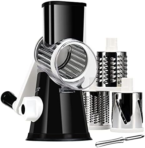 Rotary Cheese Grater with Handle - Vegetable Slicer Shredder Grater for Kitchen 3 Interchangeable Blades with a Stainless Steel peeler