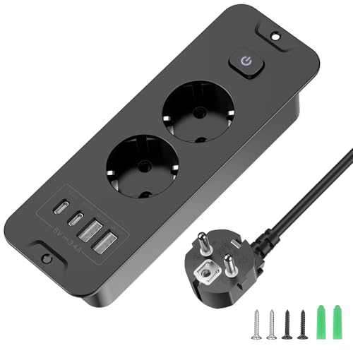 Versenkbare Steckdose 2 Fach, Einbau steckdosenleiste mit 2 USB, Einbausteckdose Mehrfachsteckdose, Tischsteckdose mit 2 USB C, Tischplatte Versenkte Steckdose - 2M Kabel Schwarz Black