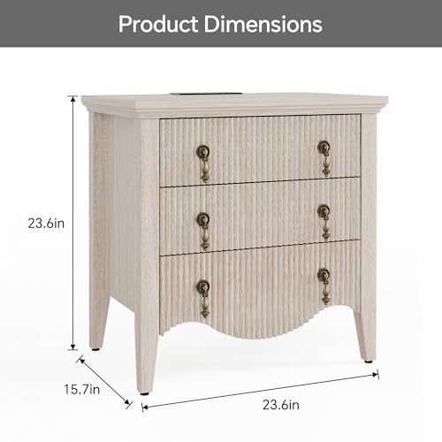 Image of FUSUNBAO Fluted Nightstand with Charging Station & 2 Drawers,Nature Oak | Vintage Bedside Table, 2 Fluted Drawers and Open Shelf, Rustic End Table, Power Outlet and USB Ports,End Table.bedroom