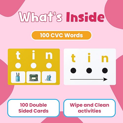 Image of CVC Words Flash Cards for Kids Age 3+ | 100 Double Sided Laminated Wipe & Clean Cards | Phonics, Early Reading & 3 Letter Word Learning Activity