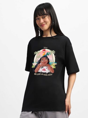 Image of JUNEBERRY 100% Pure Cotton Oversized Baggy Fit Official Disney Merchandise Cool & Goofy Graphic Printed T-Shirt for Women (Characters: Moana, Pooh & Lion King)