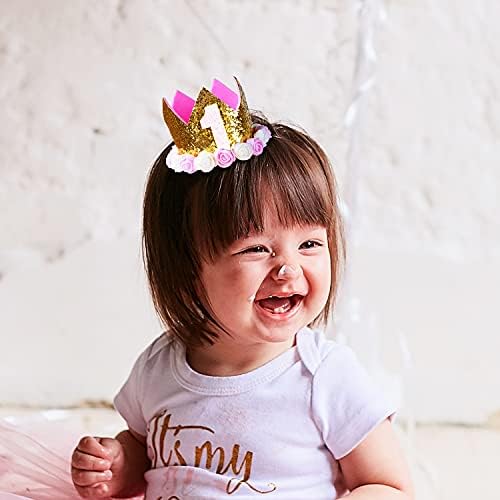 1st Birthday Decoration Kit for Girl, Baby Girl First Birthday Decorations Pink Theme Set Include Crown, Cake Topper, I AM ONE & Star Banner, Hanging Paper Fan Flowers, White & Pink Balloons