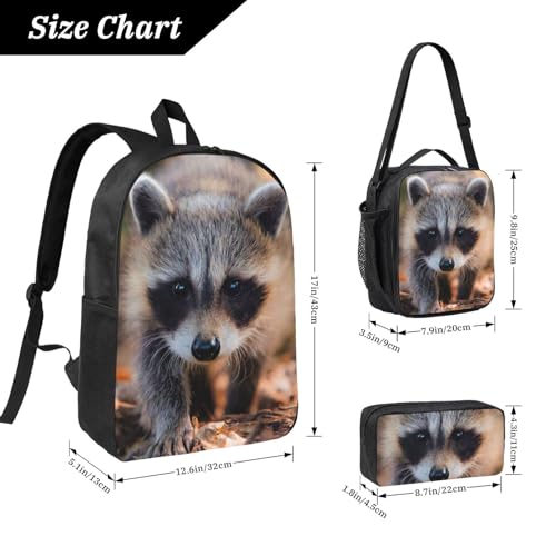 Sac à dos raton laveur noir 43 cm avec sac à déjeuner et trousse à crayons